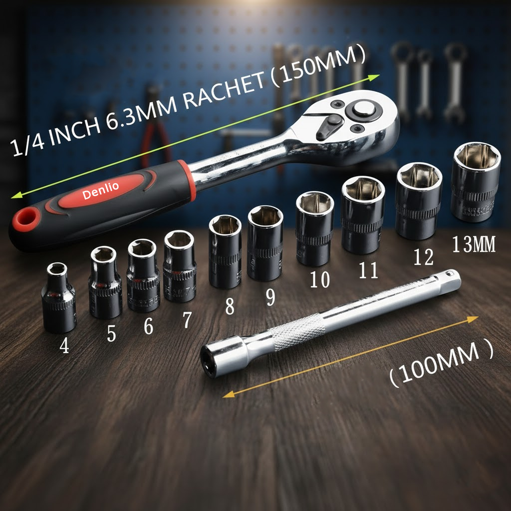 Denlio® 12-Piece 1/4 inch Ratchet Socket Set for Home Repair & Daily Maintenance