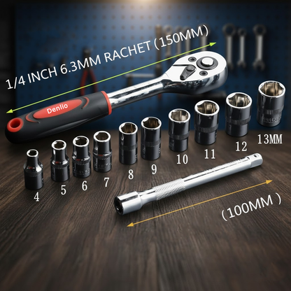 Denlio® 12-Piece 1/4 inch Ratchet Socket Set for Home Repair & Daily Maintenance